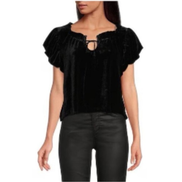 Free People Terese Velvet Ruffled Keyhole Tie Neck Short Puffed Sleeve T… - Picture 13 of 13